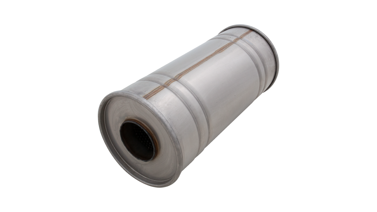 6Inch Round Straight Through Resonator 14Inch Long 2.5Inch Pipework Raw 409 S/S