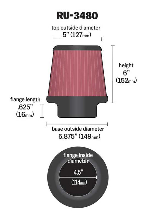 [K&N]   Universal Air Filters - RU-3480 K&N Universal Clamp-On Air Filter