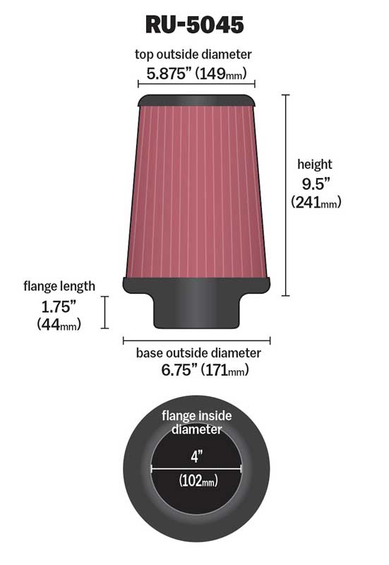 [K&N]   Universal Air Filters - RU-5045 K&N Universal Clamp-On Air Filter - 4"FLG, 6-3/4"B, 5-7/8"T, 9-1/2"H