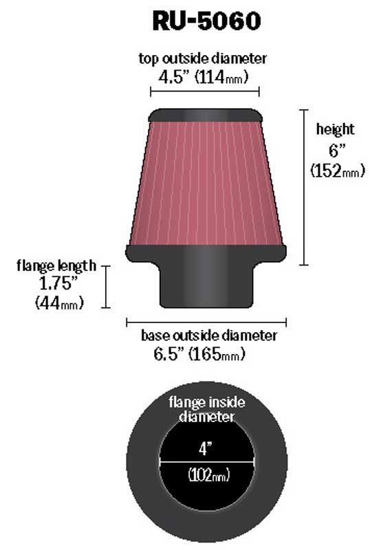 [K&N]   Universal Air Filters - RU-5060 K&N Universal Clamp-On Air Filter - 4"FLG, 6-1/2"B, 4-1/2"T, 6"H