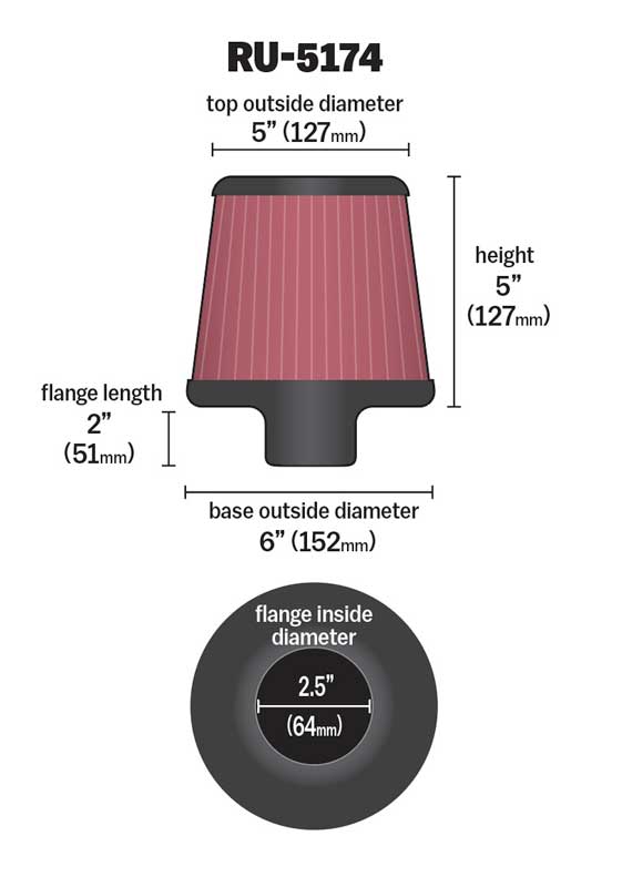 [K&N]   Universal Air Filters - RU-5174 K&N Universal Clamp-On Air Filter - 2-1/2"FLG, 6"B, 5"T, 5"H