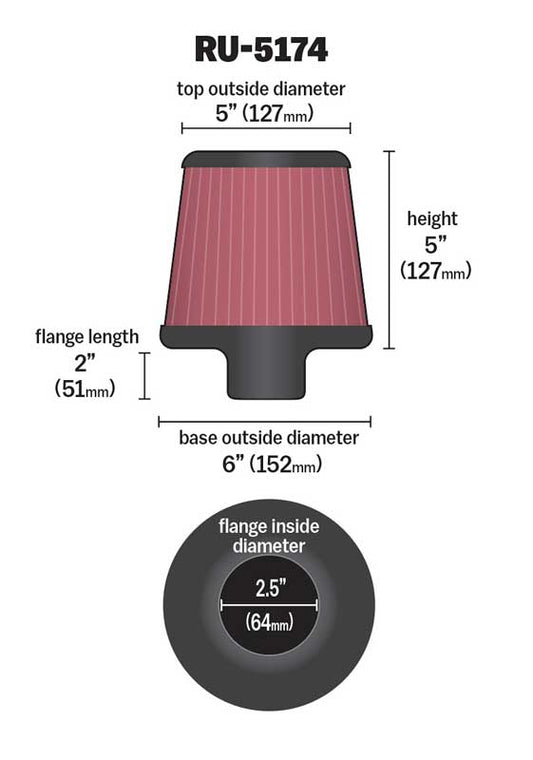 [K&N]   Universal Air Filters - RU-5174 K&N Universal Clamp-On Air Filter - 2-1/2"FLG, 6"B, 5"T, 5"H
